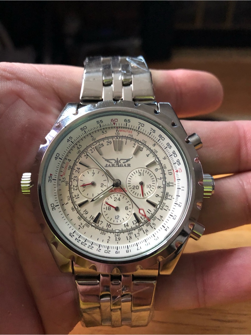 New Men's Avaitor Silver and Cream Stainless Steel Chronograph Watch